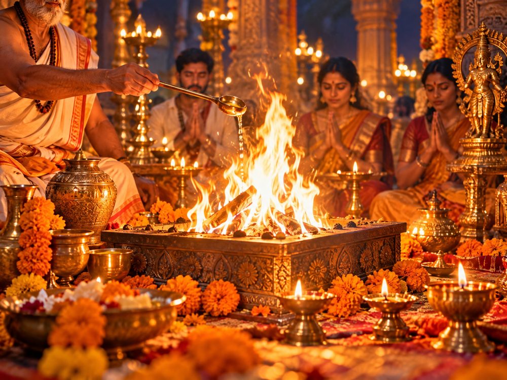 A priest offering ghee into a glowing sacred yagna fire