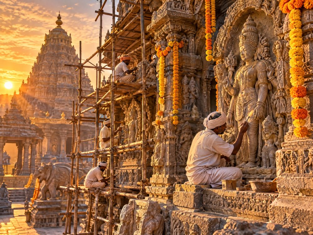 Artisans restoring the carved stone sculptures of an ancient Hindu temple at sunrise