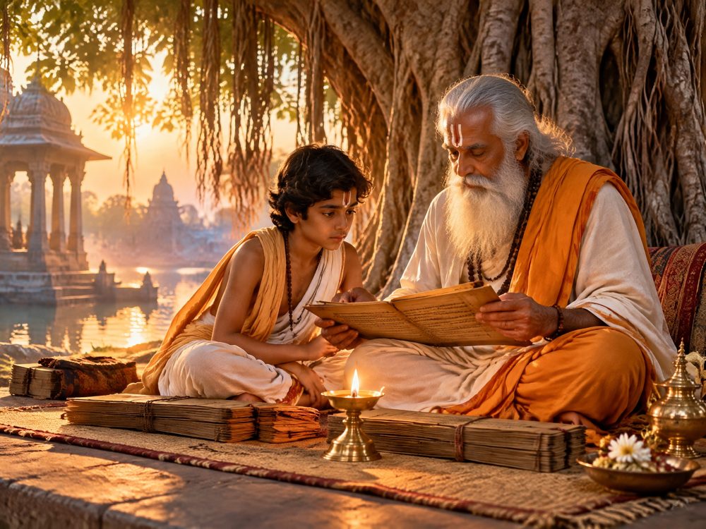 A guru and student reading Vedic palm-leaf scriptures beside a diya