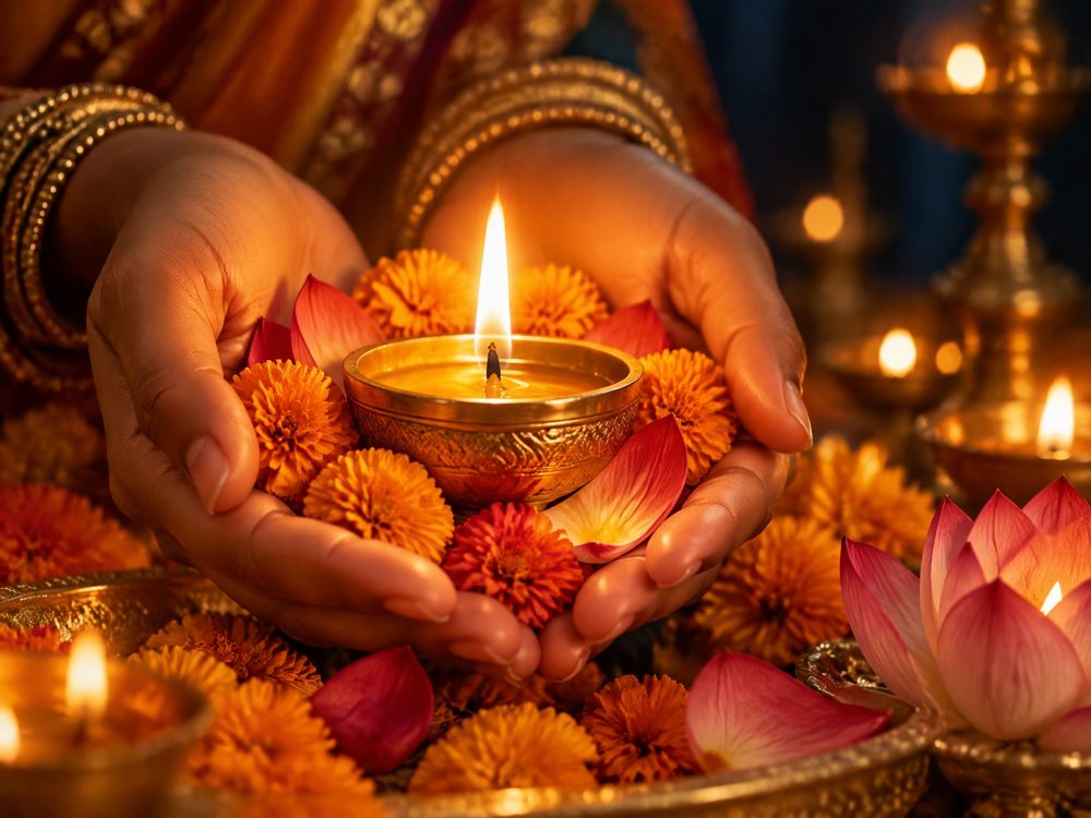 A glowing diya held in cupped hands among lotus petals