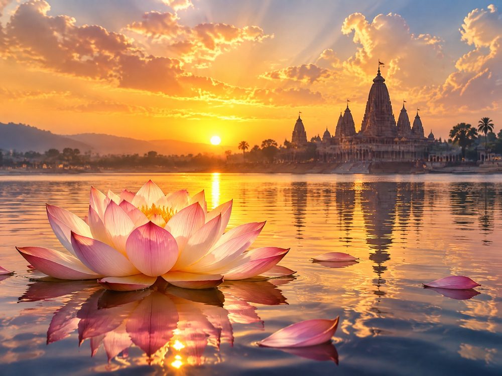 A lotus blooming on a calm river at sunrise with a temple in the distance