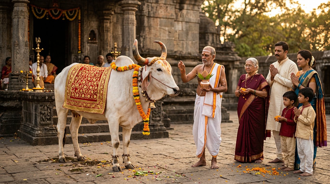 Gau Daan puja in an Indian temple courtyard with a garlanded white cow, priest and devotee family