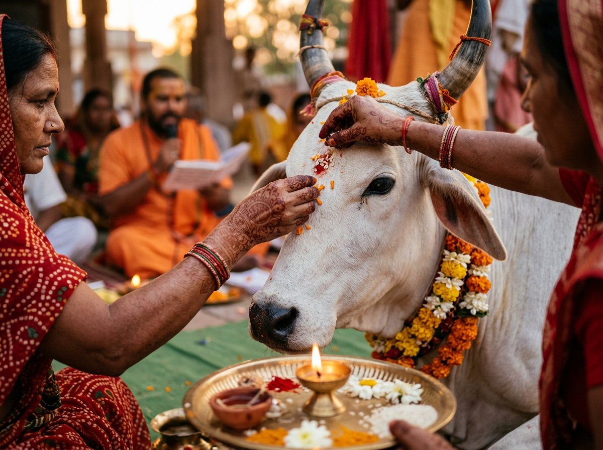 Devotee offering kumkum, rice and marigolds on a cow's forehead during Gau Daan puja