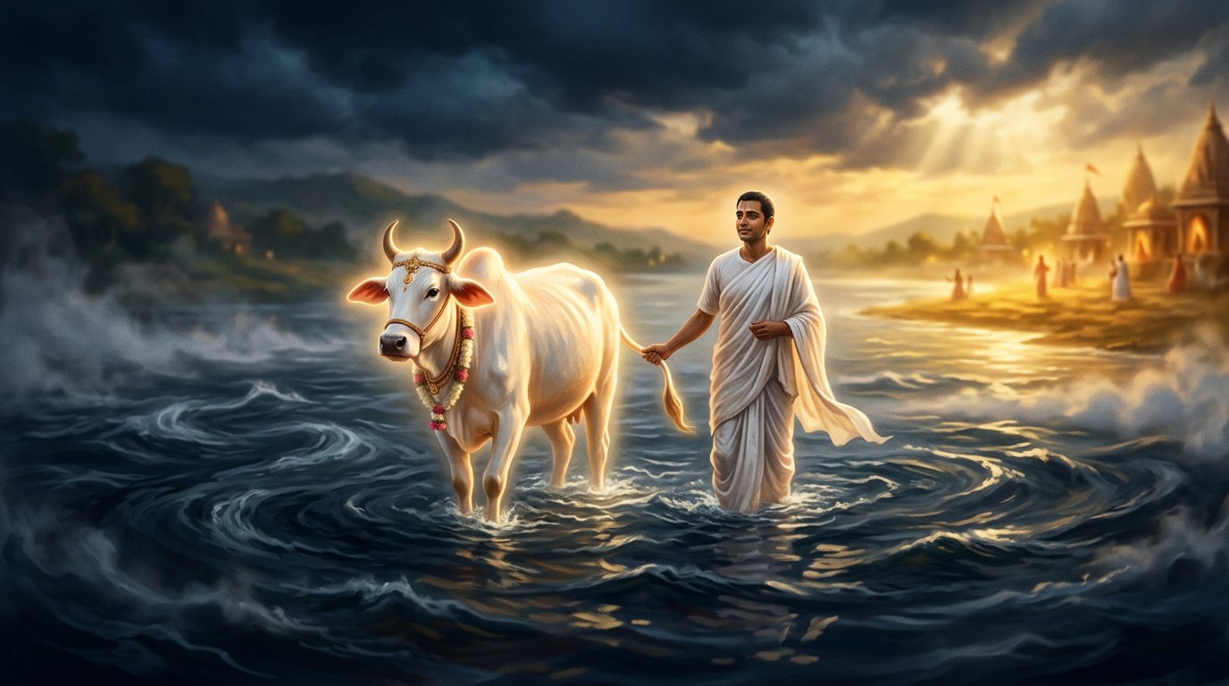 Illustration of a soul crossing the Vaitarni river holding the tail of a radiant sacred cow