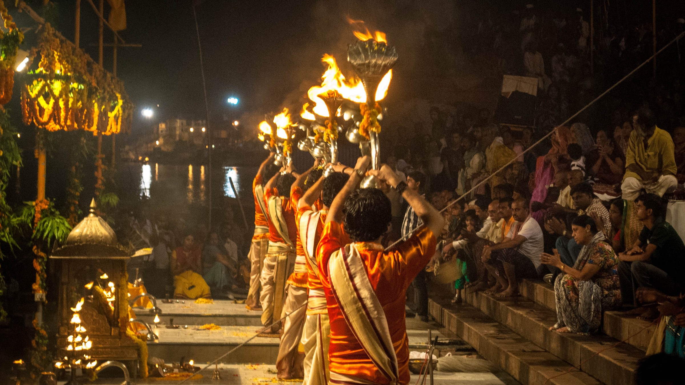 Evening Ganga aarti with flaming lamps at Dashashwamedh Ghat, Varanasi