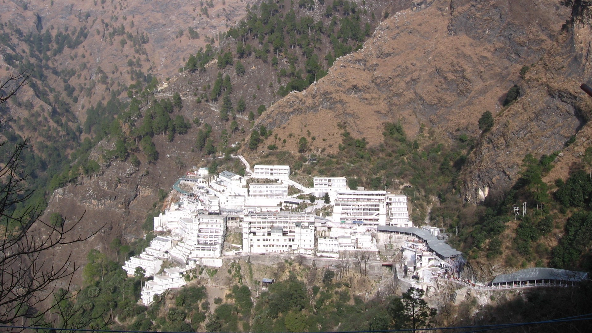 The white Bhawan of Maa Vaishno Devi on the slopes of the Trikuta mountains near Katra