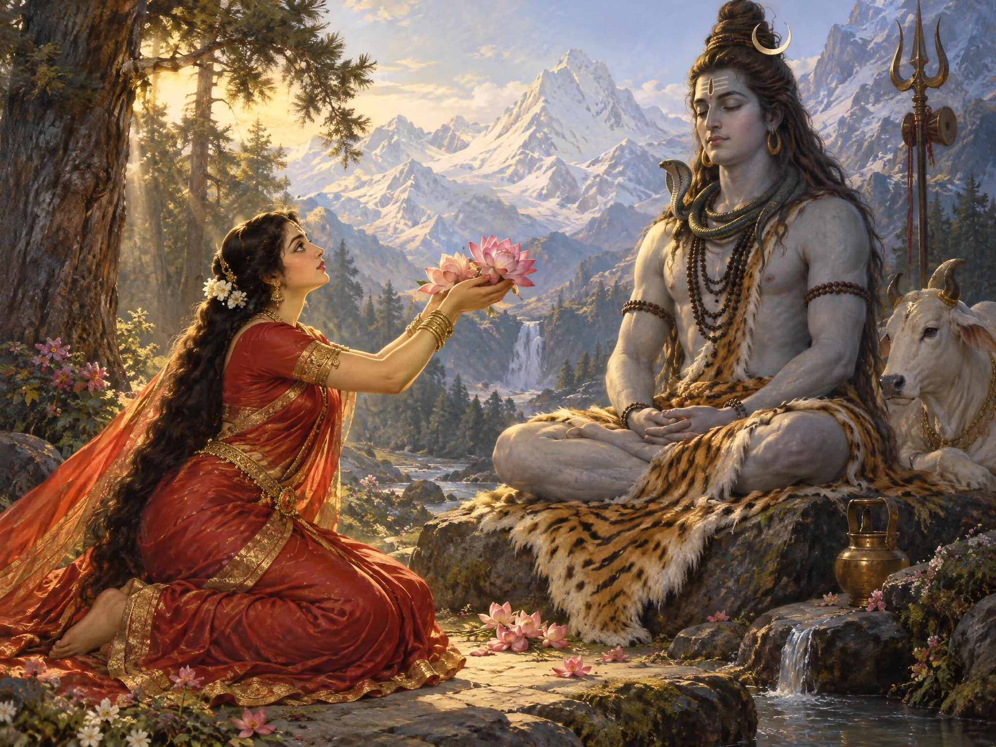 Young Sati offering lotus flowers to Lord Shiva in meditation in the Himalayas
