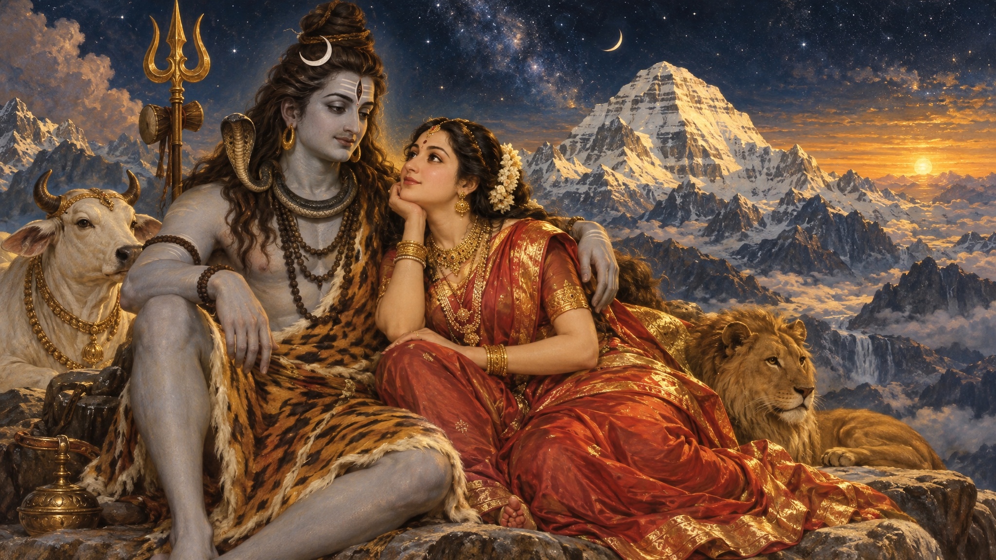 Lord Shiva and Devi Parvati together on Mount Kailash at twilight