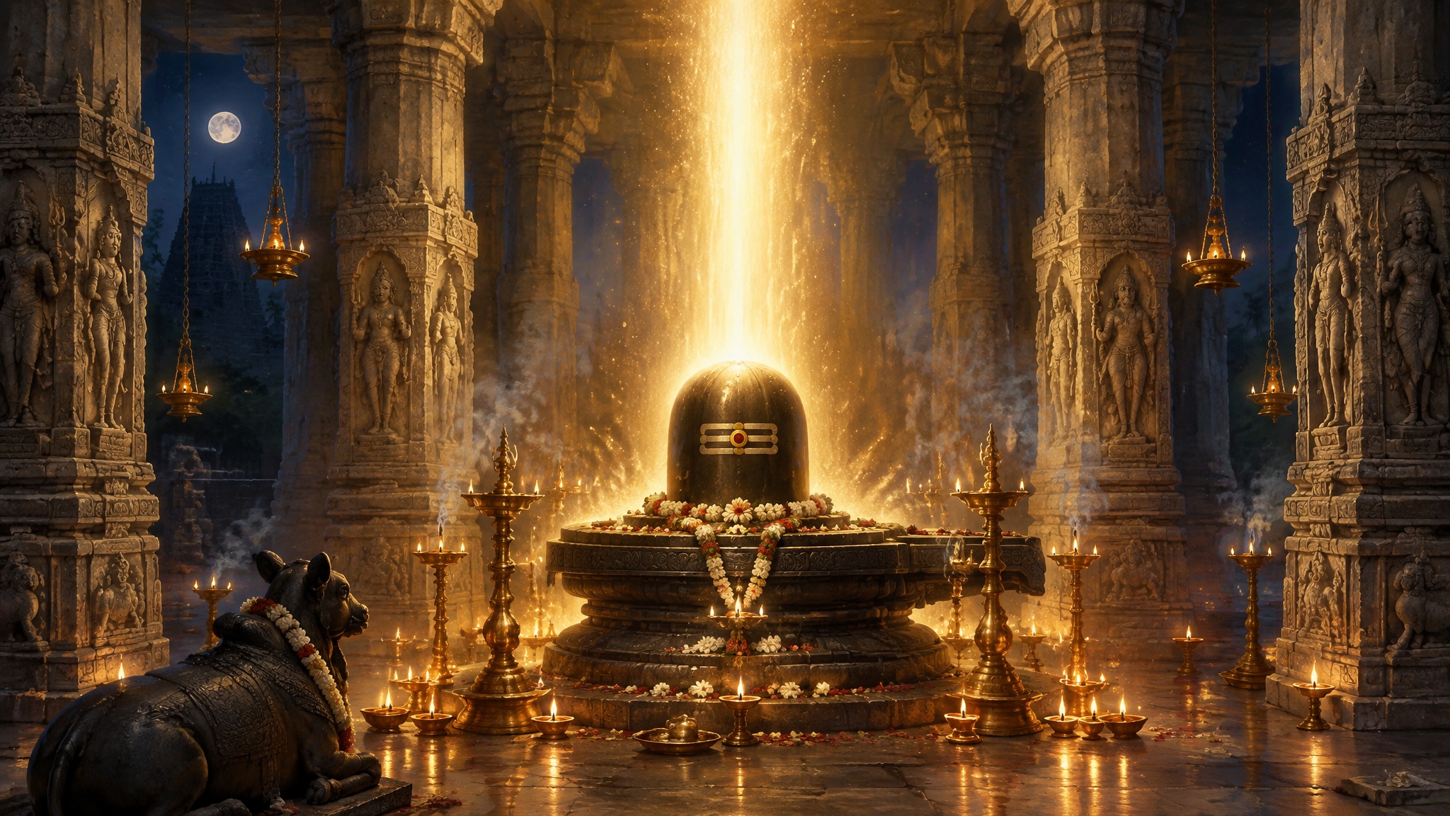 A radiant pillar of divine light rising from a Shiva lingam in an ancient temple