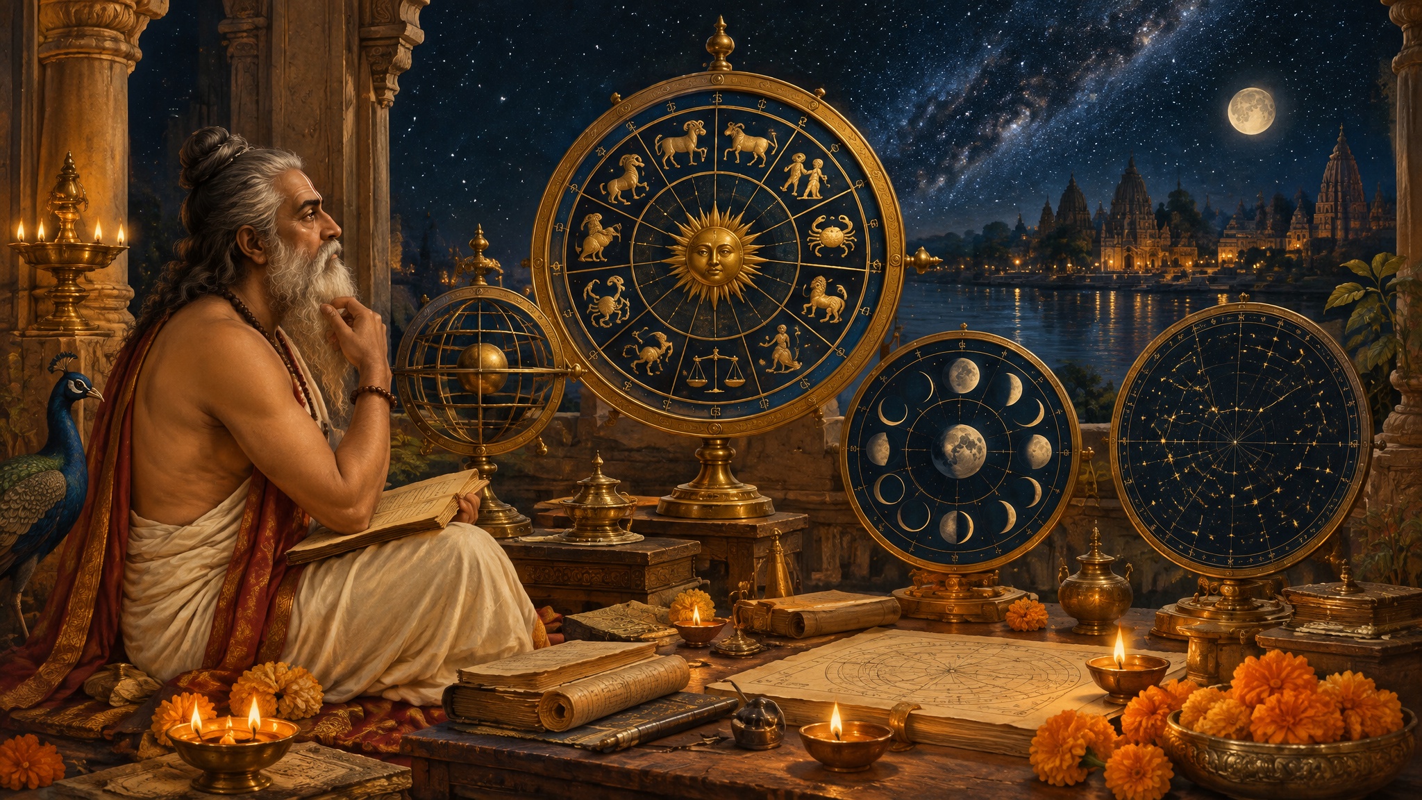 Brass zodiac wheel, moon phases and nakshatra star map with diyas and marigolds