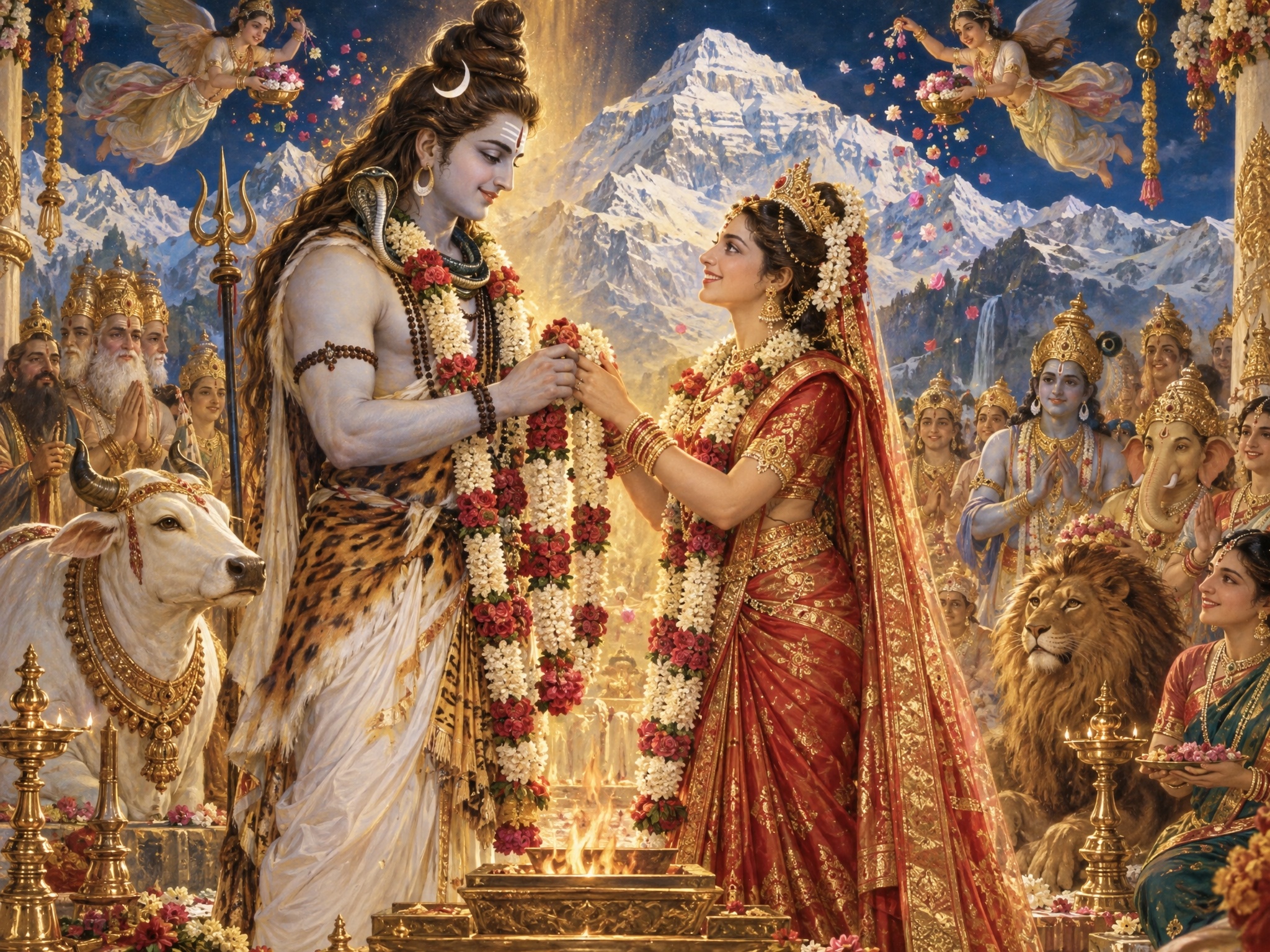The divine wedding of Shiva and Parvati on Mount Kailash with garlands and golden light