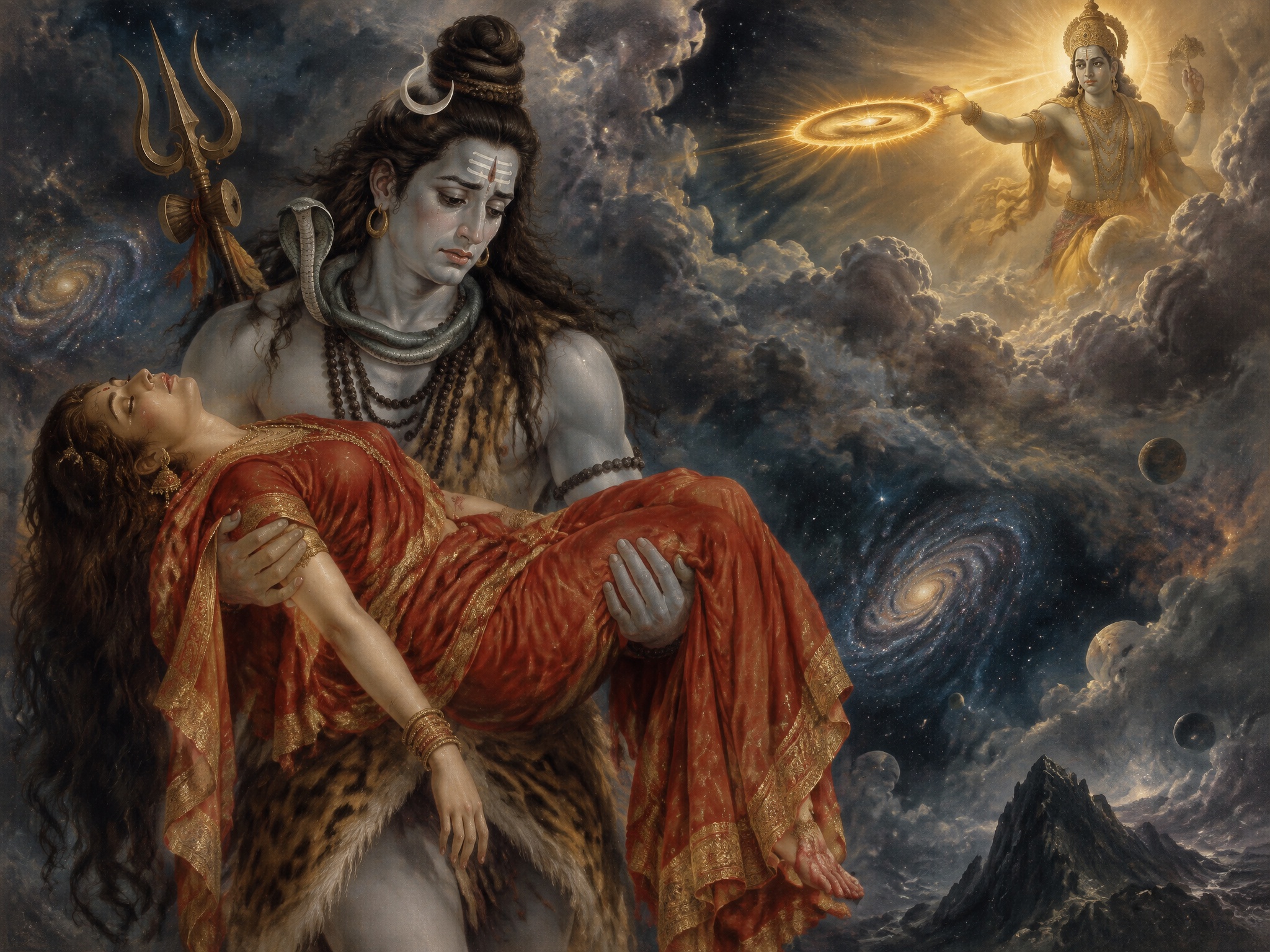 Grief-stricken Lord Shiva carrying Sati across the cosmos as Vishnu’s Sudarshan Chakra shines in the sky