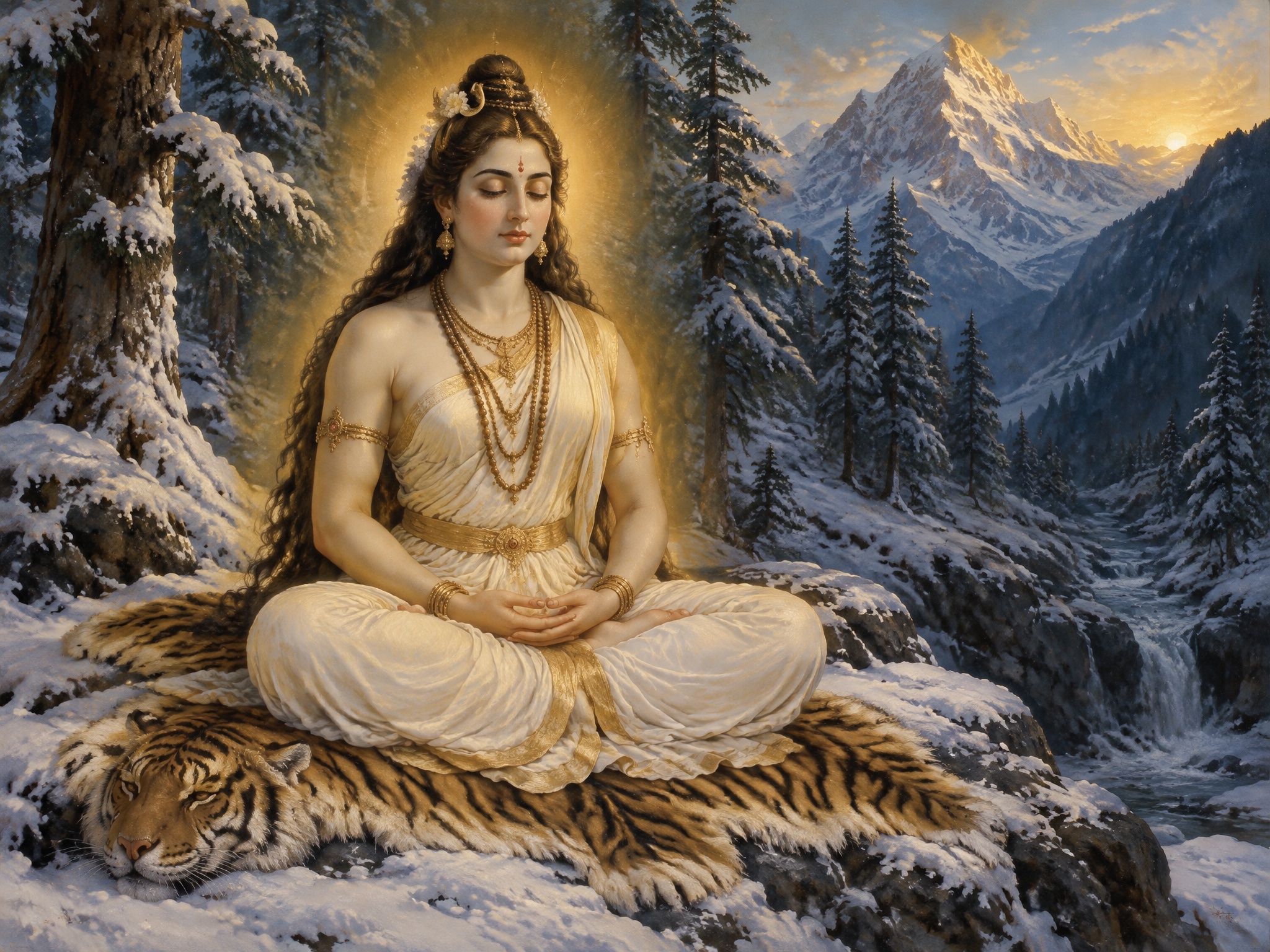 Goddess Parvati in deep tapasya in a snowy Himalayan forest, glowing with golden light
