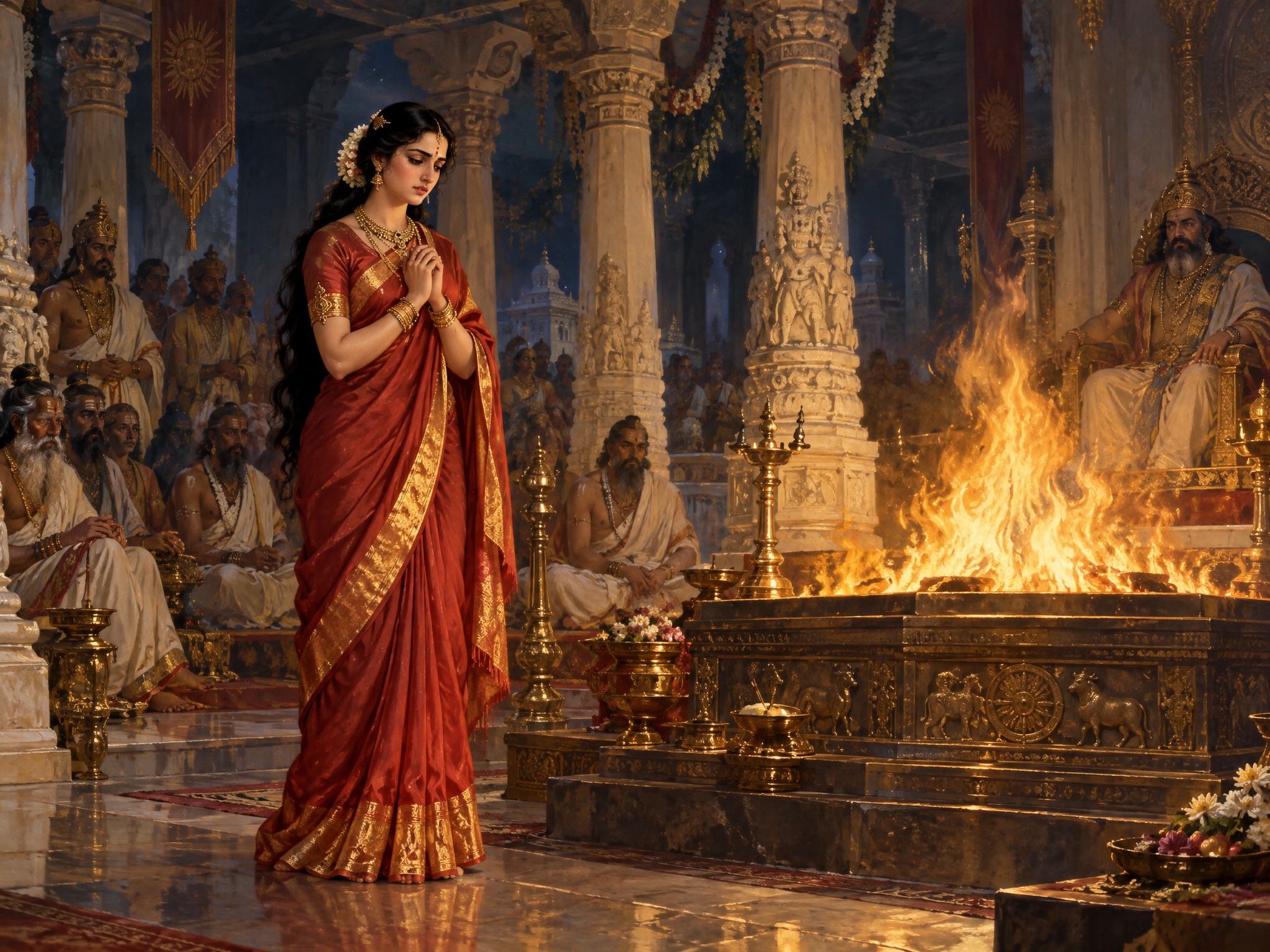 Sati standing before the sacred fire in King Daksha’s grand yagna hall