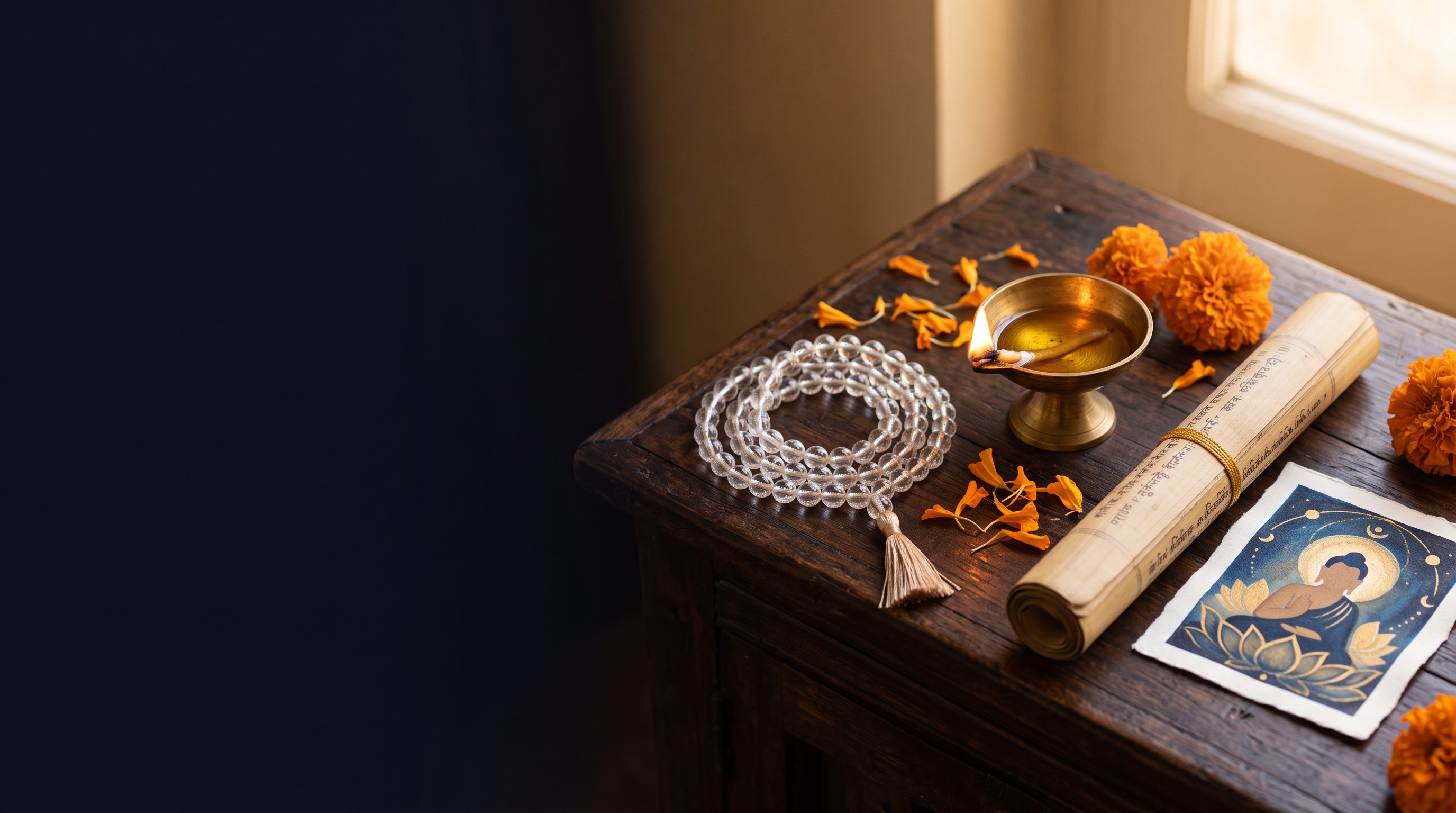 A crystal sphatik mala, brass diya, marigolds and a palm-leaf chart on a wooden altar